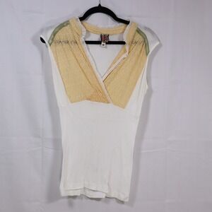 Burning Torch Cap Sleeve Top M White Womens Lace Trim Eyelet Boho Y2K